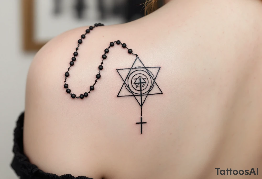 Minimalist geometric rosary tattoo: precise black‑ink circles (beads) decreasing subtly in size, linked by perfectly straight, fine lines to form clean angles rather than curves; the strand drapes in a crisp isosceles‑triangle silhouette across the forearm. Where the pendant would hang, a small concentric‑line cross sits inside a outlined golden‑ratio spiral, all rendered in thin charcoal‑black lines with a single muted‑copper accent on the cross for contrast—overall a sleek, math‑inspired aesthetic with no shading, just pure linework. tattoo idea