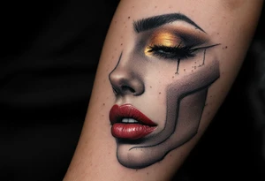 Realistic close-up of her face in grayscale with vivid red lips and golden eyeshadow. tattoo idea