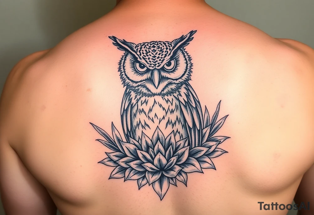 powerful majestic Owl with surrounded by Succulent tattoo idea