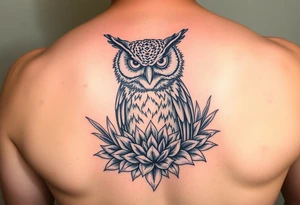 powerful majestic Owl with surrounded by Succulent tattoo idea