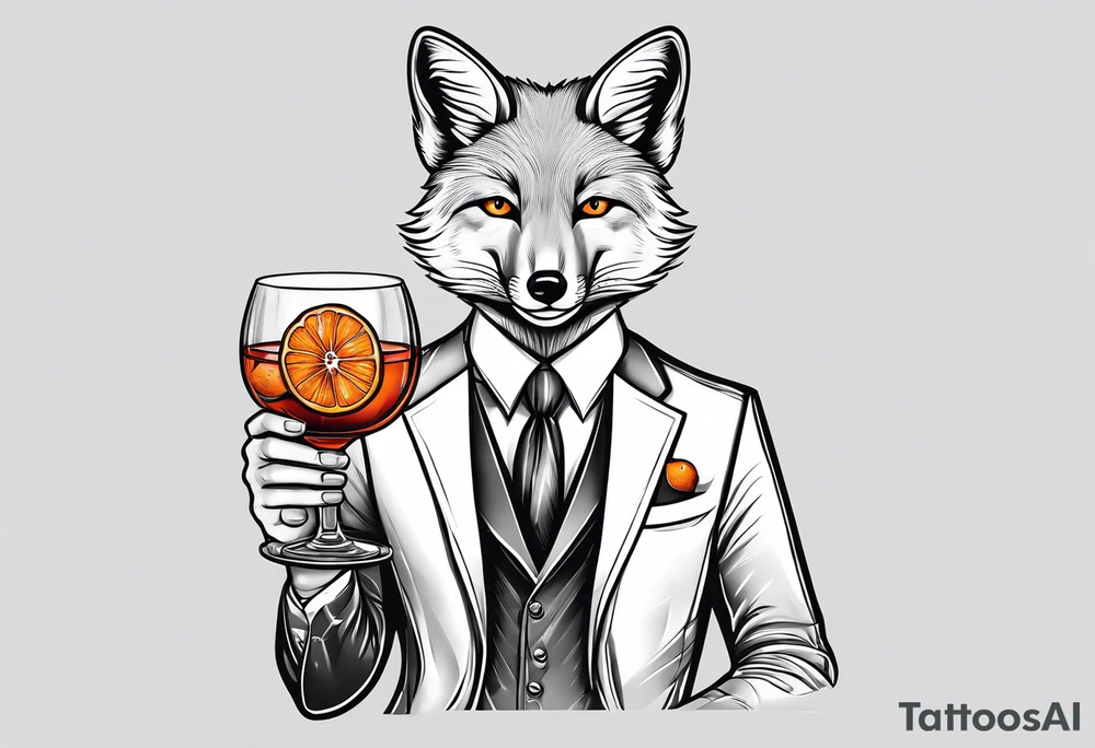 Adult male silver fox holding a Negroni in a lowball cocktail glass with an orange peel looking straight forward tattoo idea