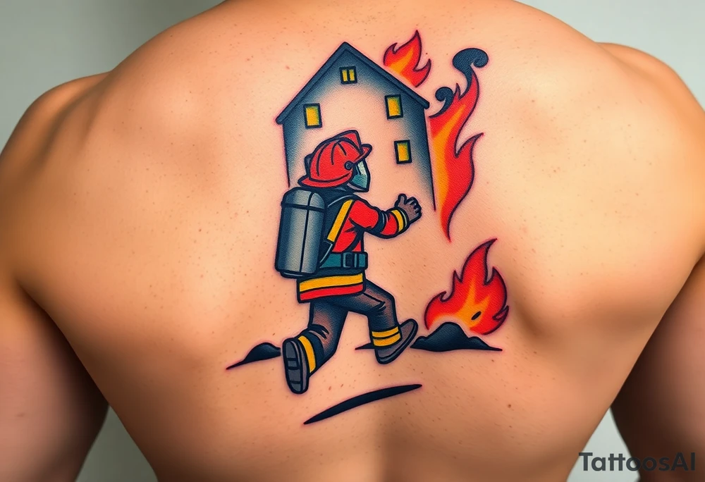 A firefighter running towards a burning building, with dramatic shading in deep oranges, blacks, and grays. tattoo idea