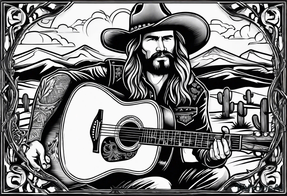 Acoustic Guitar cowboy by a campfire with a desert tattoo idea Acoustic Guitar cowboy by a campfire with a desert tattoo idea