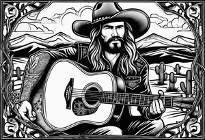Acoustic Guitar cowboy by a campfire with a desert tattoo idea