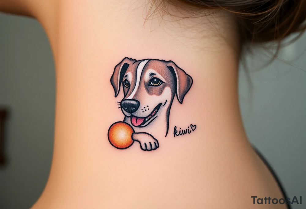 One line tattoo of female dog with white strip going up dog’s snout slightly off centered. With  toy and the dogs tongue slightly out and the name kiwi and an Aquarius them to it . Just the colors black  white brown with a small heart near by tattoo idea