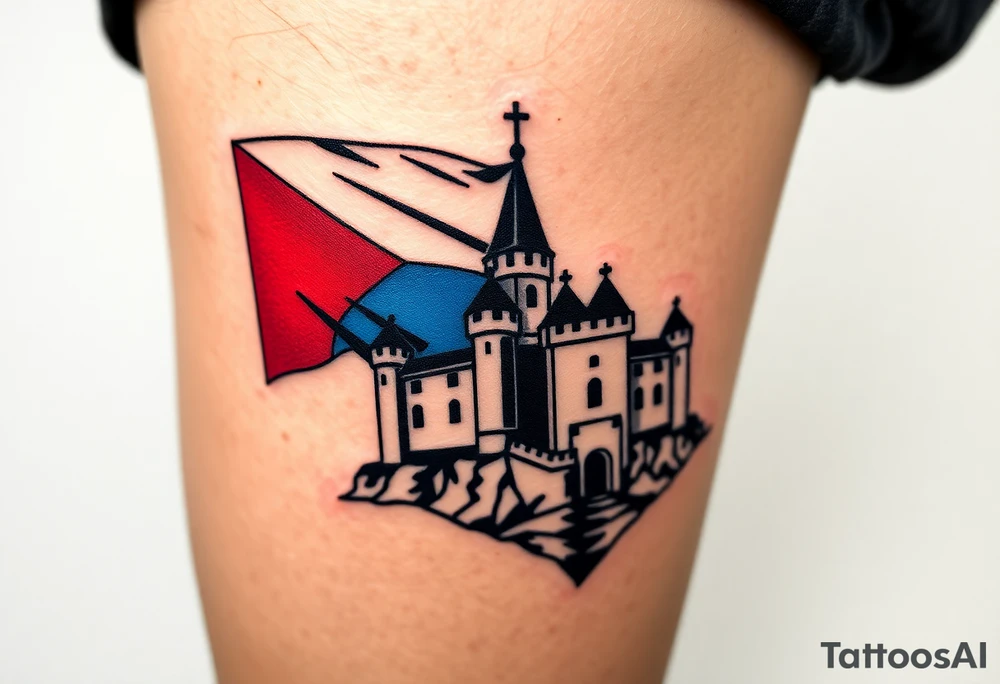 A typical Czech flag waving behind a medieval castle tattoo idea