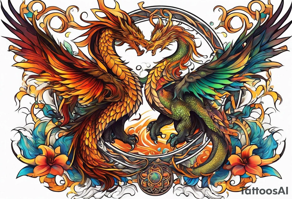 majestic  dragon and phoenix  in harmony and balance tattoo tattoo idea