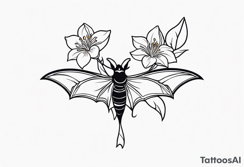 Shoulder and collarbone tattoo of a vibe of night-blooming Jasmine with a bat hanging from one of the stems. Make the bat spooky tattoo idea