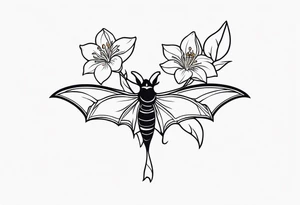 Shoulder and collarbone tattoo of a vibe of night-blooming Jasmine with a bat hanging from one of the stems. Make the bat spooky tattoo idea