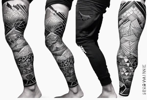 geometric full male leg sleeve ocean tattoo idea