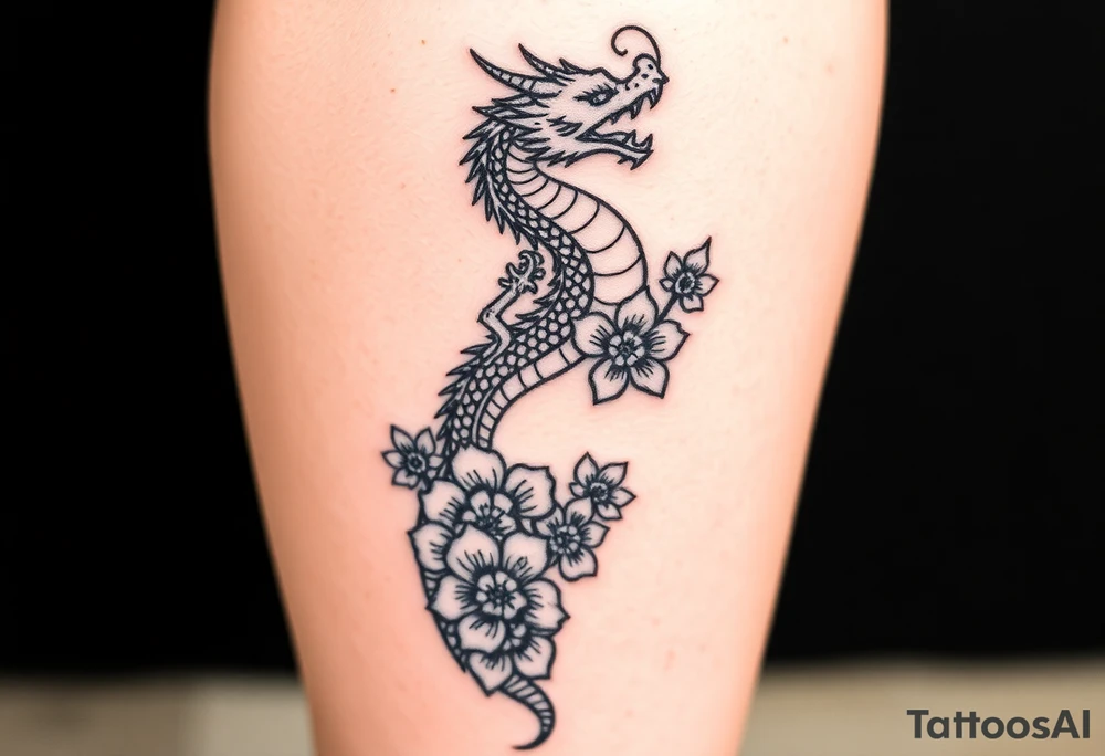 Leg area back of calf dragon going up 4 flowers
 Dragon flipped closer to the third one down tattoo idea