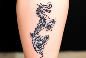 Leg area back of calf dragon going up 4 flowers
 Dragon flipped closer to the third one down tattoo idea