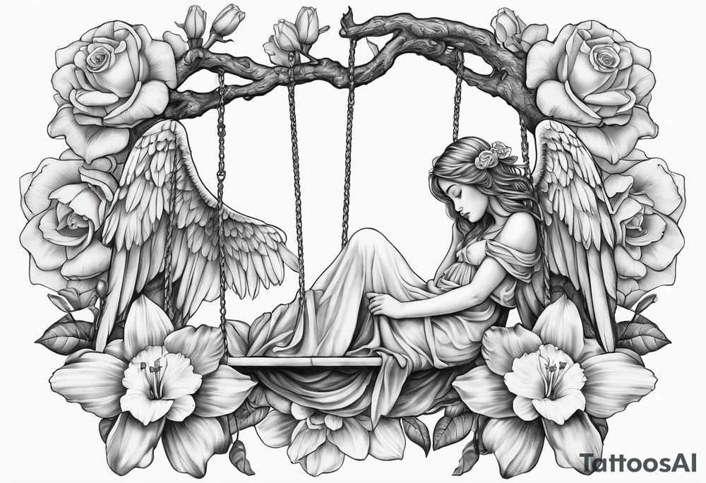 sad angel on swing with sagging wings, with head down surrounded by lily, daffodil, rose, daisy, narcissus tattoo idea