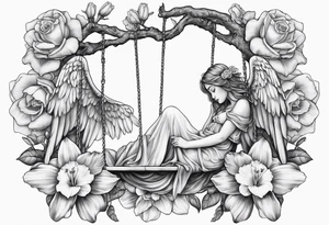 sad angel on swing with sagging wings, with head down surrounded by lily, daffodil, rose, daisy, narcissus tattoo idea