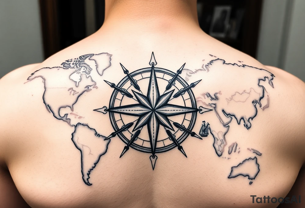 antique compass rose overlaid on weathered world map with sailing ships tattoo idea