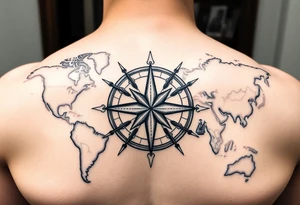 antique compass rose overlaid on weathered world map with sailing ships tattoo idea