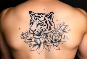 fierce tiger emerging through blooming lotus flowers in mist tattoo idea