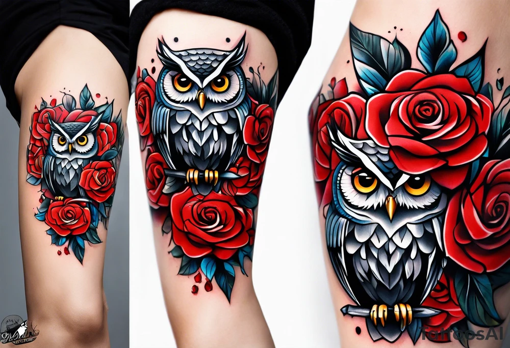 Forearm tattoo Color Owl with red roses tattoo idea