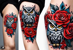 Forearm tattoo Color Owl with red roses tattoo idea