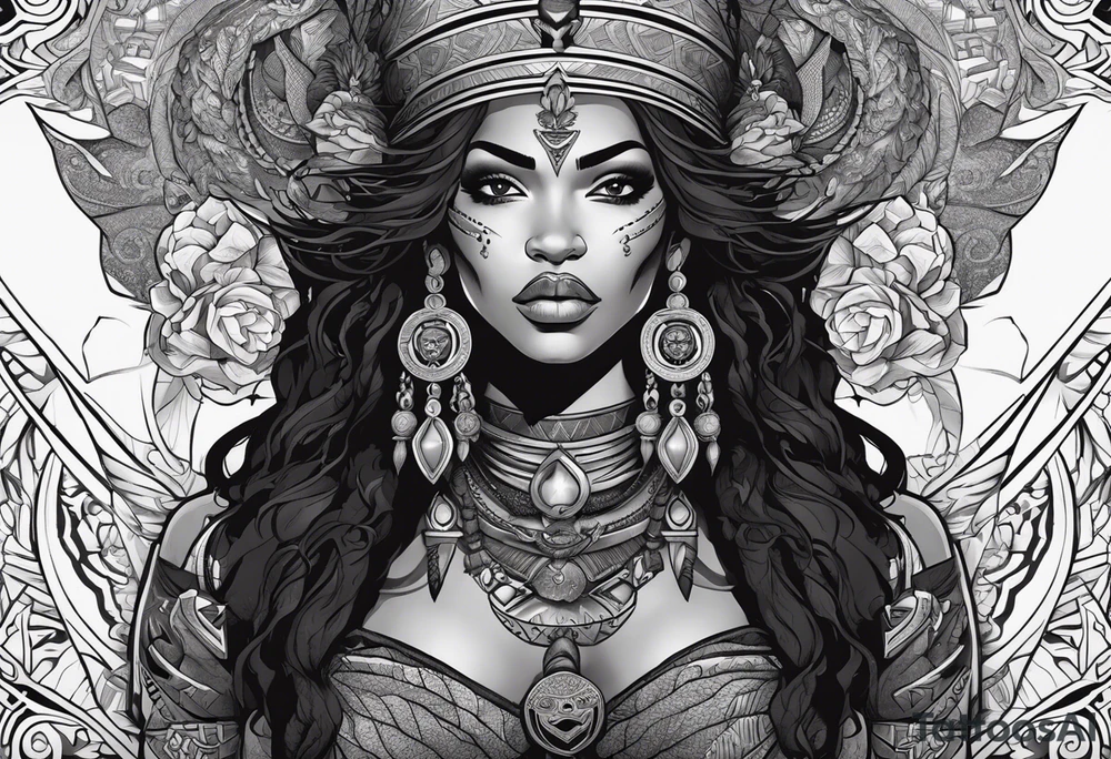 valkrye, kali, pirate, african goddess, , warrior, native american, lotus, zenza resonance, skulls, dragon, pachamama, left side face, chest, right wing, tattoo idea