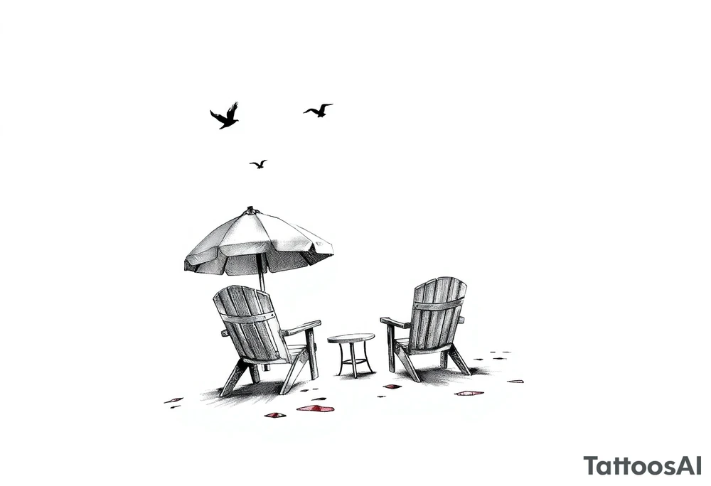 Beach scene with 2 chairs and umbrella and palm tree with bird silhouettes in the sky tattoo idea