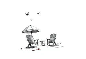 Beach scene with 2 chairs and umbrella and palm tree with bird silhouettes in the sky tattoo idea