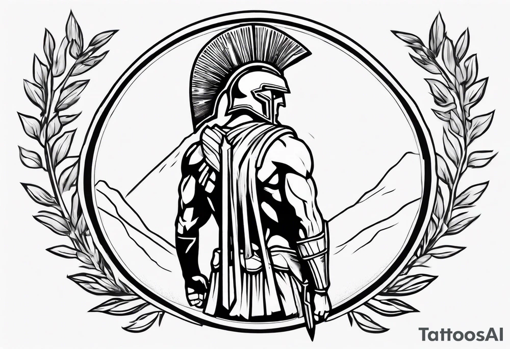 rectangular landscape format ultra-fine line linework vector of a spartan from the side, spartan spear, spartan shield, laurel wreath tattoo idea