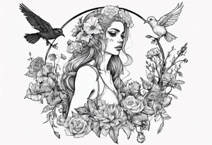 Elf carrying her dead bird in a flower medow tattoo idea