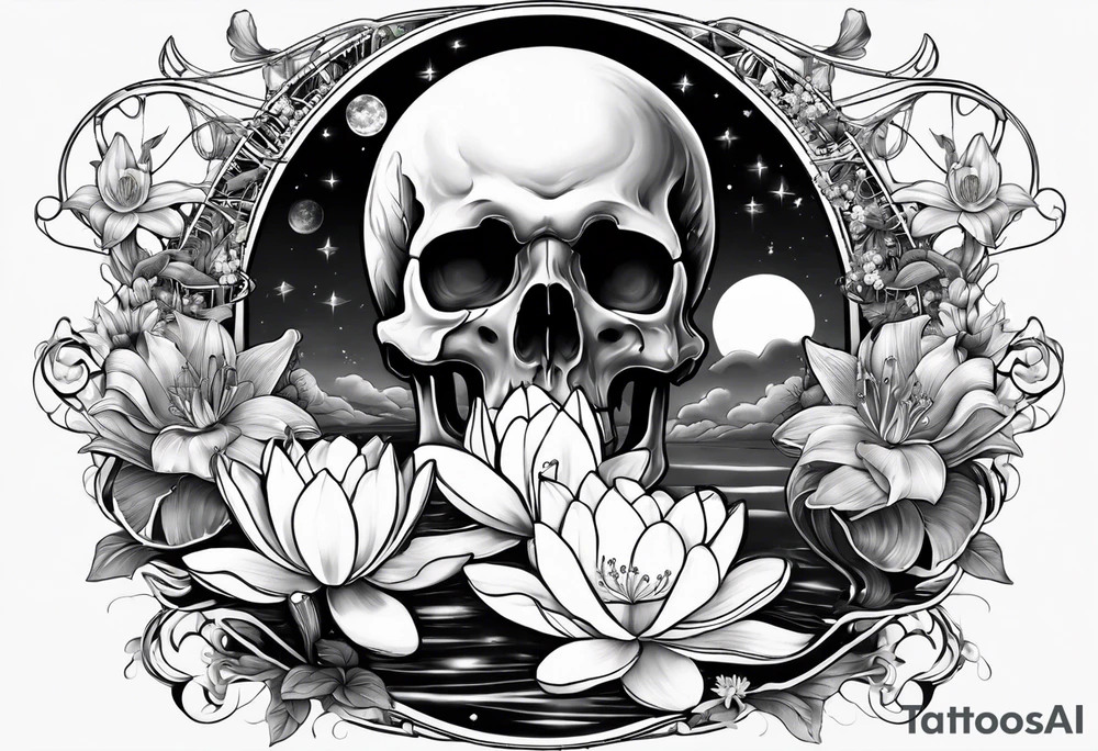 sleeve incorporating science, skulls, roller coaster track, space and stars, water lily, daffodil, lily of the valley tattoo idea