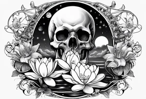 sleeve incorporating science, skulls, roller coaster track, space and stars, water lily, daffodil, lily of the valley tattoo idea