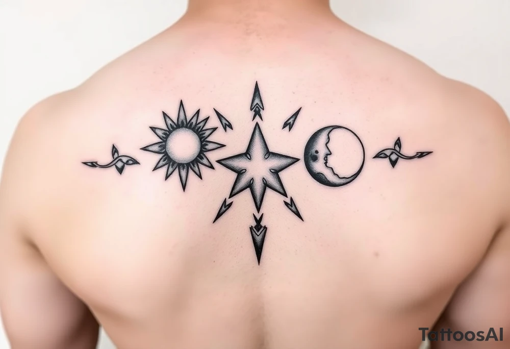 Cute sun, star and moon with three images and each one can be filled in black by three sisters tattoo idea