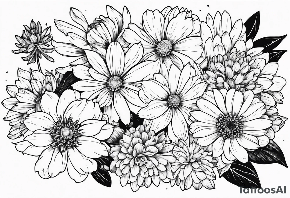 cosmos, chrysanthemums,and narcissus flowers tattoo idea