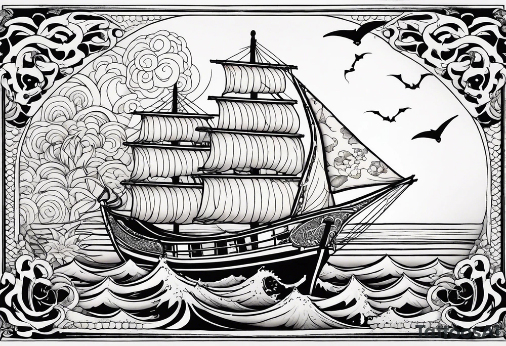 sailboat with pacific sheepshead and bat ray below the water line tattoo idea