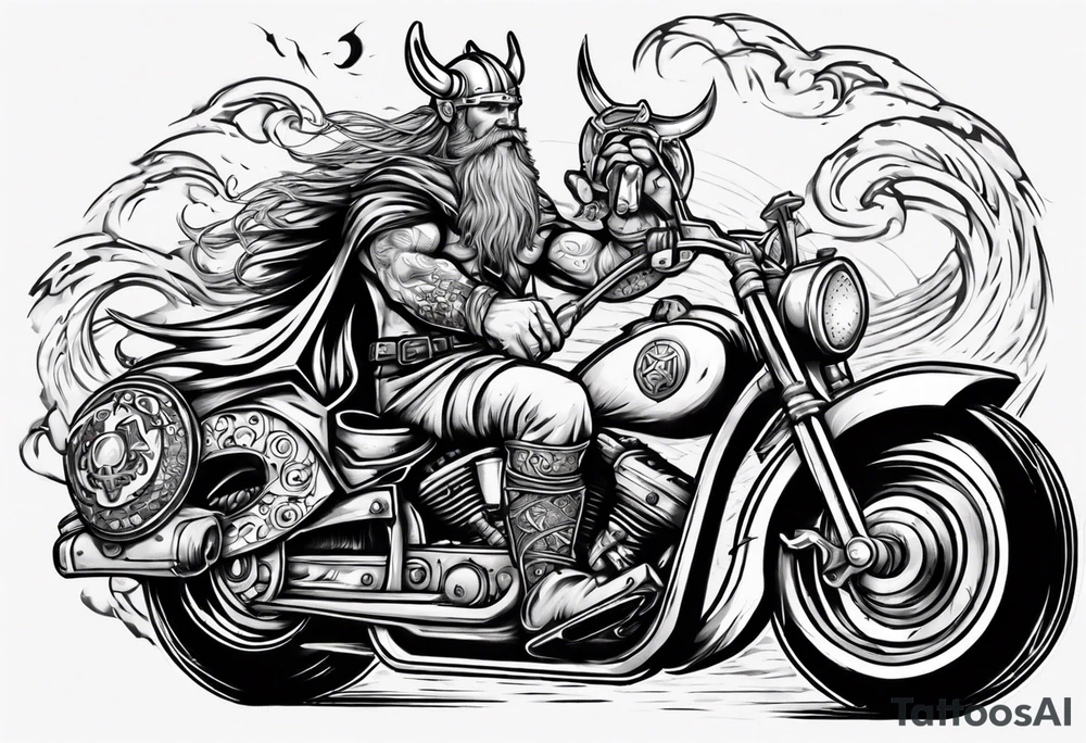 Viking on a motorcycle riding along the ocean tattoo idea