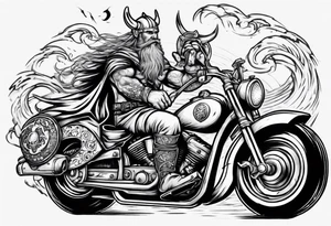 Viking on a motorcycle riding along the ocean tattoo idea