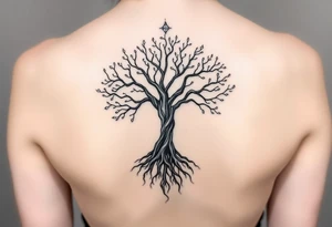 mystical tree of life with cosmic roots and celestial branches tattoo idea