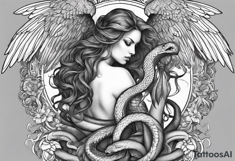 Full back piece depicting angels killing a snake tattoo idea Full back piece depicting angels killing a snake tattoo idea