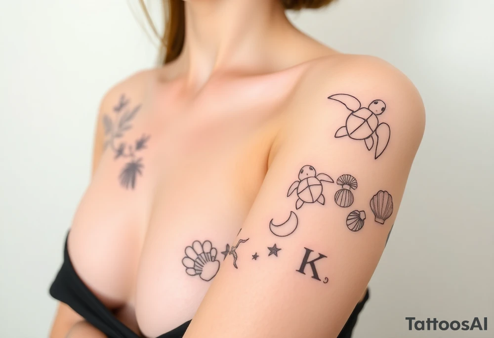 A delicate tattoo design inspired by the fine-line style of @aestet.ink, tailored for a female figure. The design flows from the base of the neck, over the shoulder, and wraps around the upper arm, with two turtles placed prominently on the upper arm. The composition emphasizes a minimalist beach theme, featuring soft, flowing wave patterns, palm leaves, and seashells. Hidden within the design are personal symbols: a TTR50 Yamaha motorbike, initials 'C' and 'K', a moon and sun, a small monster truck, a kangaroo paw (for Mum), a small packet of lollies (for Dad), a Holden Kingswood with single round headlights, and three similar shells representing brothers, one shell a different shade representing my brother that passed away, two other shells that are similar representing my sisters. The tattoo has crisp, fine lines, subtle shading, and intricate details, blending natural flow with spiritual symbolism. Displayed on a female figure for accurate placement. HD quality, natural look --ar 1024:1792 tattoo idea