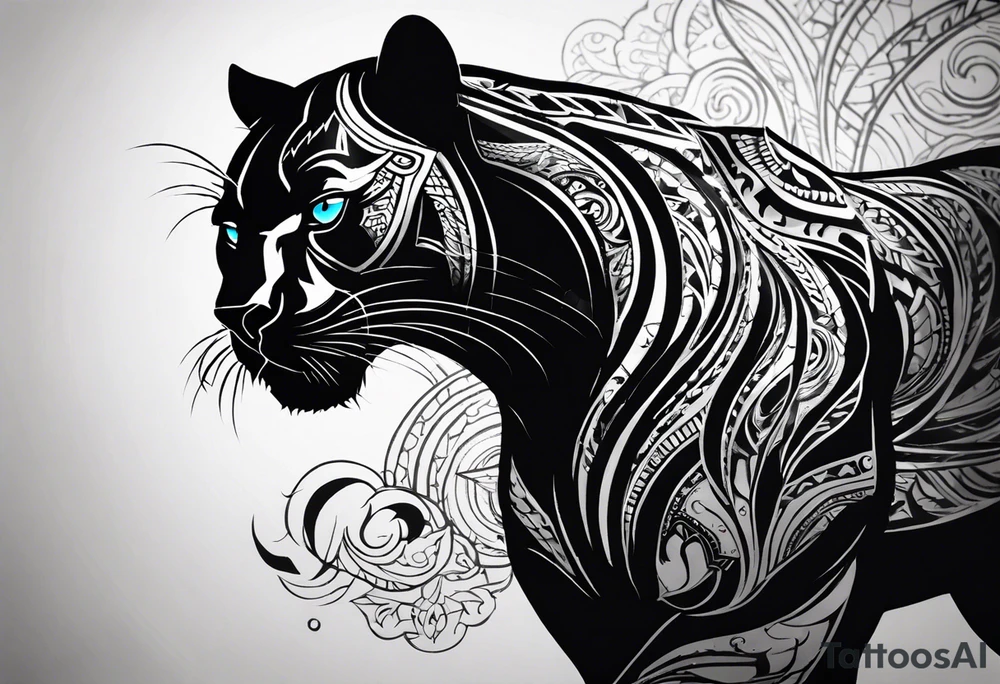 Design a unique black panther tattoo. The panther should be portrayed in a dynamic pose, showcasing its strength and grace. Its eyes should be a striking red, adding an intense and captivating element to the design. The overall composition should have an artistic flair, blending realism with abstract elements to create a visually stunning and original tattoo tattoo idea