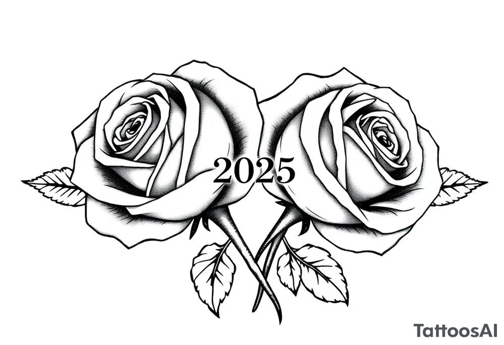 two beautiful roses with their stems intertwined, separated by "2025" written between them tattoo idea