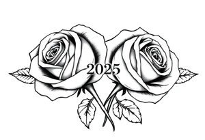 two beautiful roses with their stems intertwined, separated by "2025" written between them tattoo idea