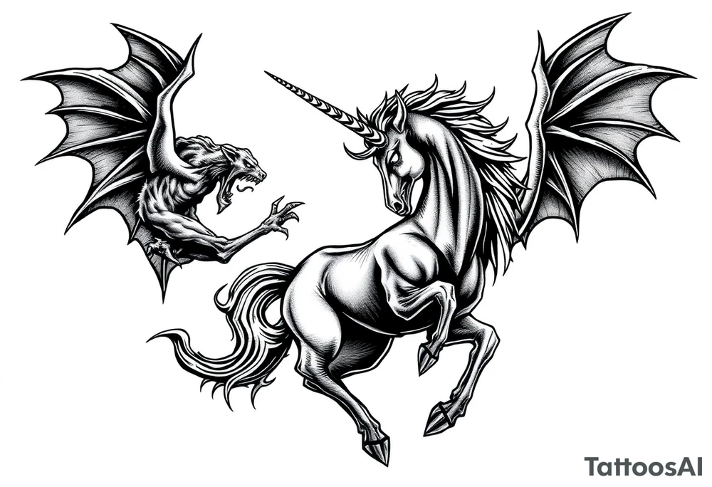 Dark unicorn evil and angry fighting with demons tattoo idea