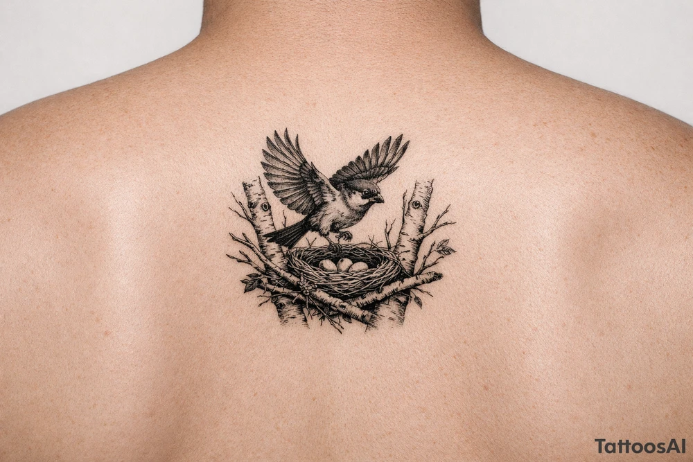 fine line black and grey tattoo of a detailed sparrow taking flight from a simple nest nestled in silver birch branches on upper arm outter bicep tattoo idea