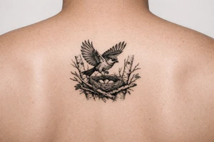 fine line black and grey tattoo of a detailed sparrow taking flight from a simple nest nestled in silver birch branches on upper arm outter bicep tattoo idea