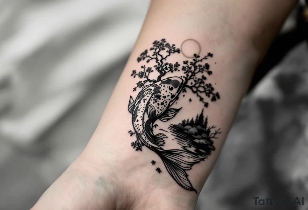 a koi fish swimming UPstream in a pond moonlight by the full moon with a sakura tree by the pond tattoo idea