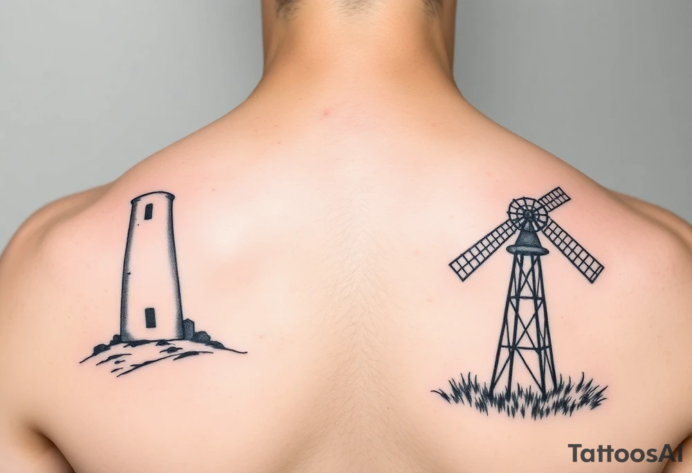 Left side of lighthouse and right side of farm windmill. Simple lines minimalist slightly offset tattoo idea