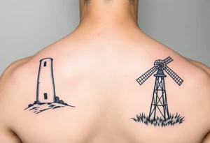 Left side of lighthouse and right side of farm windmill. Simple lines minimalist slightly offset tattoo idea