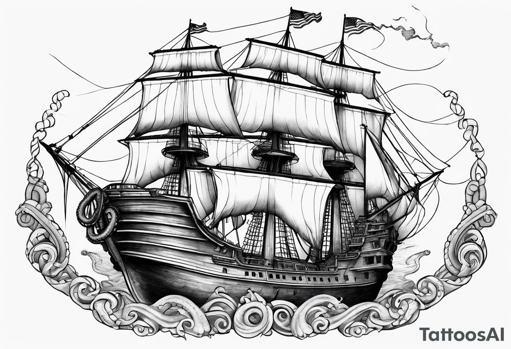 Realistic octopus breaking ship tattoo idea