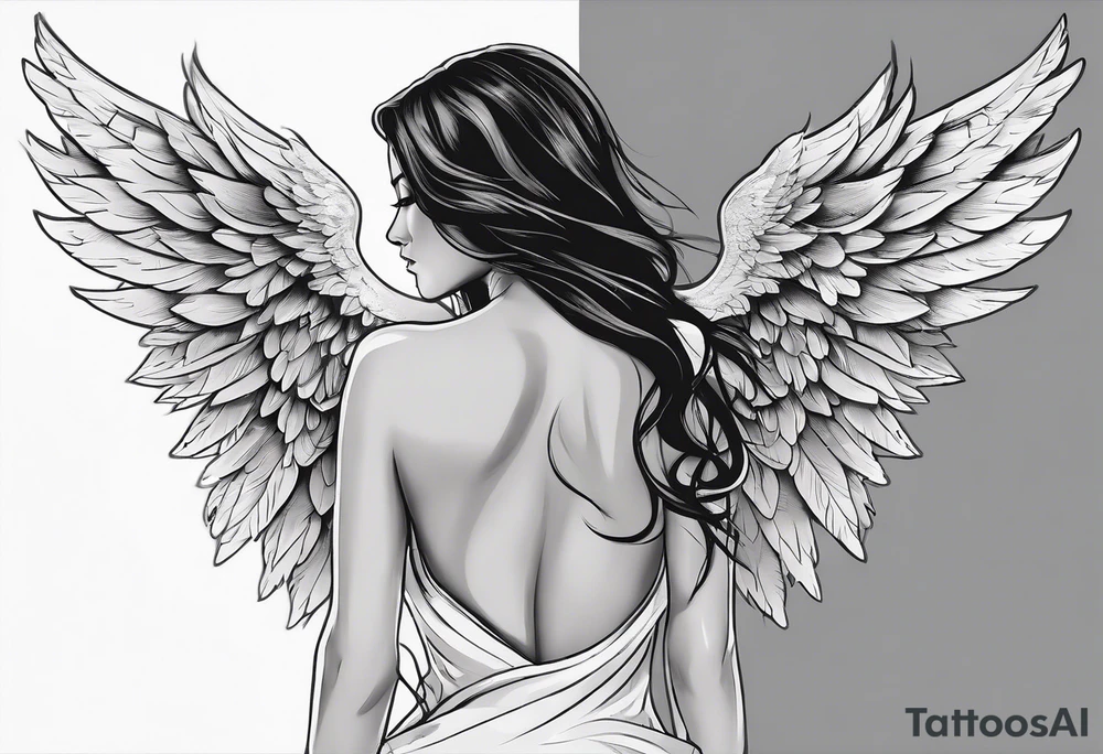 angel woman with big wings full body flying on the sky looking right side  we  can see right profile tattoo idea