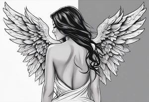 angel woman with big wings full body flying on the sky looking right side  we  can see right profile tattoo idea